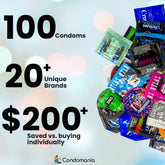 Image displaying an array of colorful condom packages on the right side. Text on the left reads: "100 Condom Sampler Pack from Condomania, 20+ Unique Brands, Save over $200 vs. buying individually." Condomania logo is featured at the bottom. The background features a bokeh effect with soft light spots.